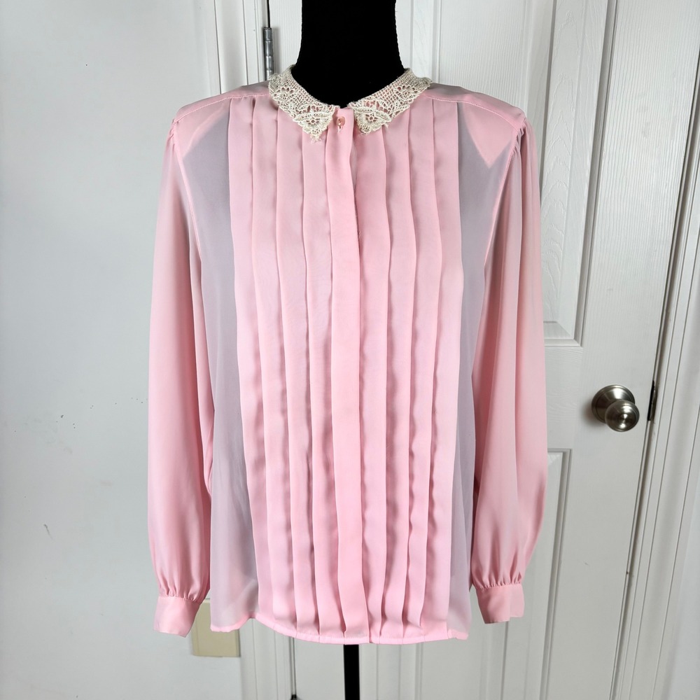 Ship n Shore Vintage Pink Lace Collar Pleated Chiffon Blouse Size 12